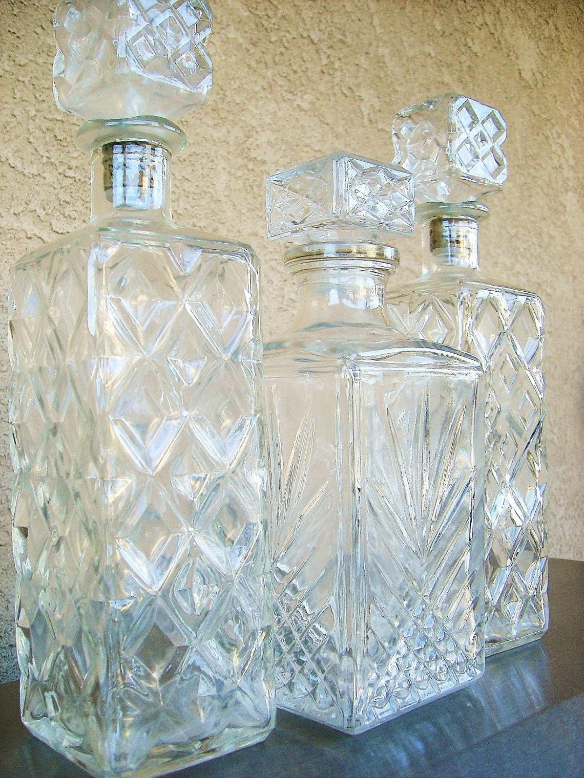 Vintage Cut Glass Liquor Decanter Set Of Three Etsy