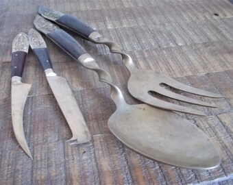 Vintage Siam Thailand Bronzeware and Wood Serving Set