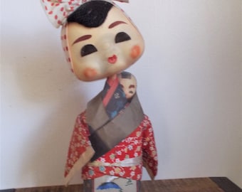 Vintage Japanese Cloth Kimono Doll and Baby