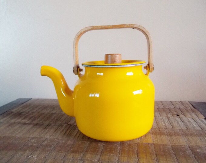Vintage Bright Yellow Enamel Tea Kettle Etsy