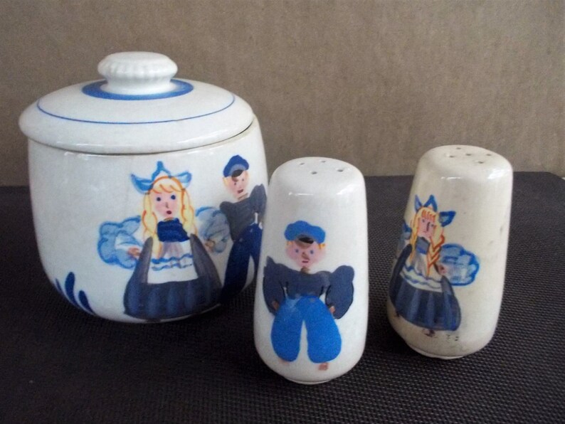 Vintage Handpainted Ceramic Dutch Boy and Girl Canister and Salt and Pepper Set
