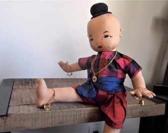 Vintage Soft Jointed Boy Doll Bali Indonesia With Gold Bracelets