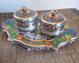 Vintage Indian Enameled Aluminum Spice Box Jars and Tray