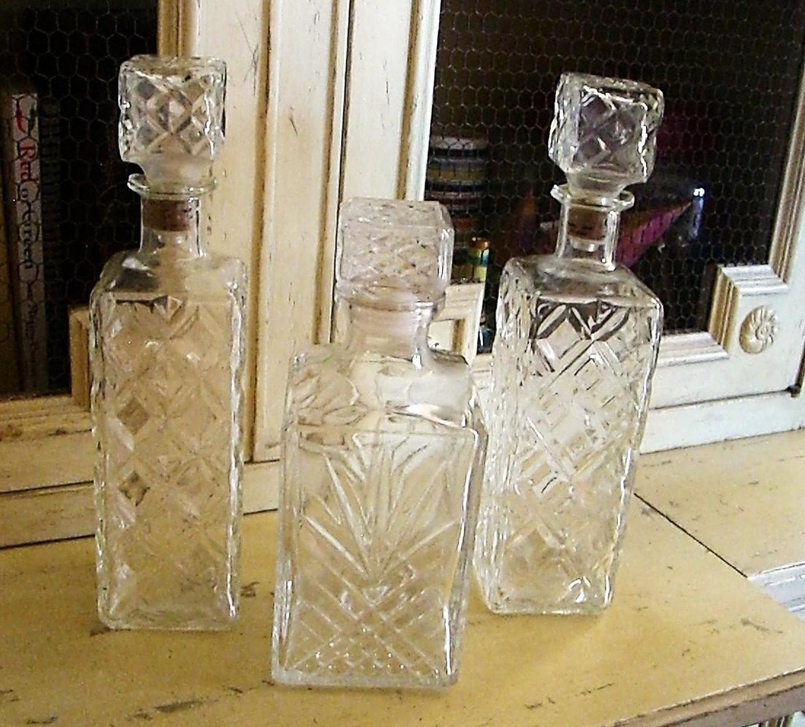 Vintage Cut Glass Liquor Decanter Set of Three Etsy
