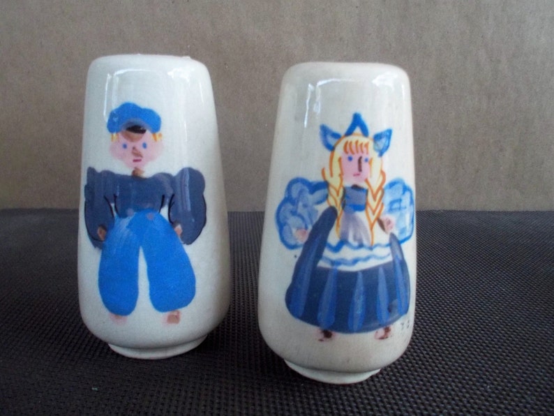 Vintage Handpainted Ceramic Dutch Boy and Girl Canister and Salt and Pepper Set