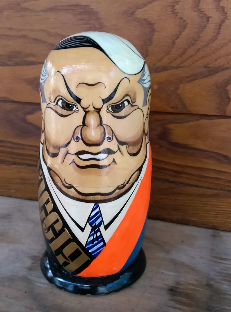 Vintage Russian Boris Yeltsin Large Hand Painted Wood Matryoshka Doll image 1