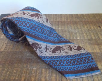 Vintage 1970s Cat and Mouse Blue Brown and Beige Sears Mens Store Necktie