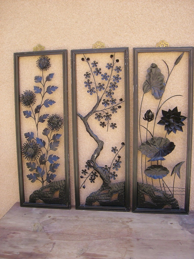 Vintage Japanese Triptych Framed Cut Metal Wall Art Etsy