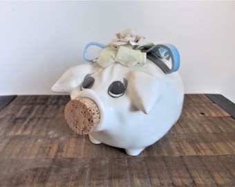 Vintage White Ceramic Piggy Bank with Cork Nose and Applied Flowers