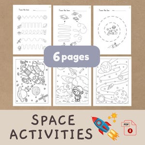 Könnte beinhalten: Sechsseitige Weltraum-Aktivitätsblätter für Kinder. Jede Seite enthält Linienverfolgungsübungen und Weltraumillustrationen, darunter Raketen, Planeten und Astronauten. Der Text "SPACE ACTIVITIES" ist unter den Blättern abgebildet.