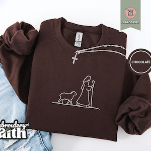 Shepherd and Sheep Sweatshirt, Christian Embroidered Crewneck, Good Shepherd Gift, Psalm 23 Faith Sweatshirt