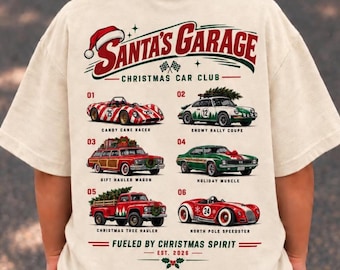 Boys Christmas T-Shirt, Holiday Kids Car Lover Shirt, Race Car Santa’s Garage Tee