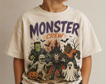 Boys Halloween Shirt, Retro Monster Crew Graphic Tee, Kids Halloween T-Shirt
