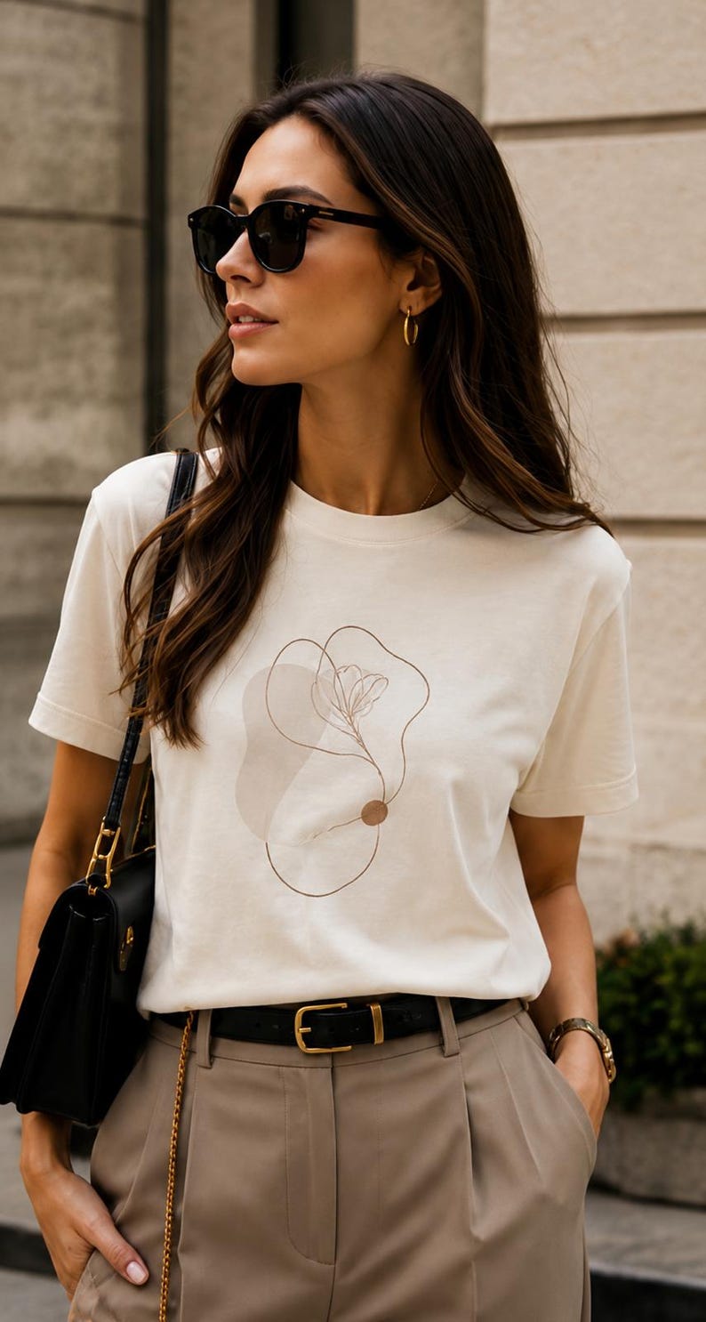 May include: A cream-colored short-sleeve t-shirt featuring a brown line-art graphic of a flower and abstract shapes on the chest. The shirt is paired with tan trousers, a black leather belt, and a black shoulder bag with gold hardware.