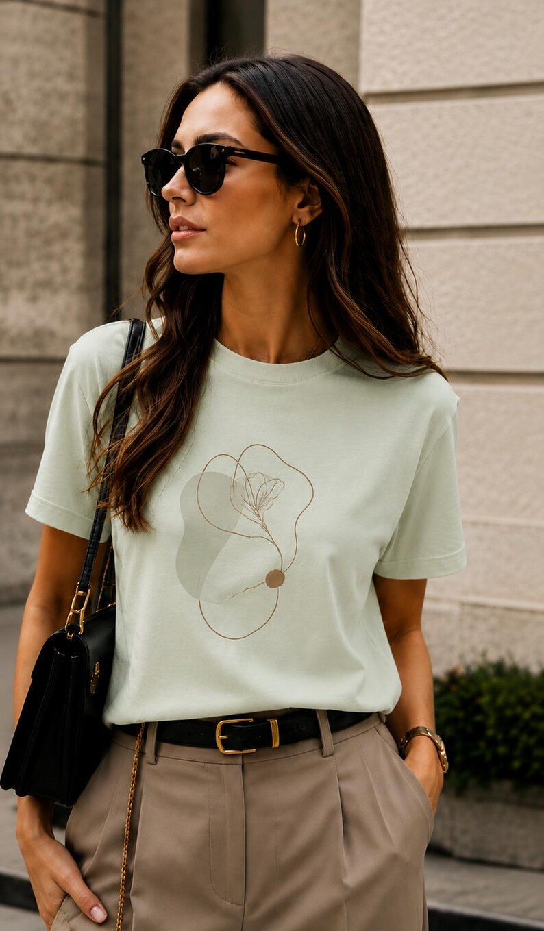 May include: A light sage green short-sleeved t-shirt featuring a central graphic design of a delicate brown line-art flower, a solid brown circle, and a soft, translucent sage green abstract shape printed on the front of the garment.