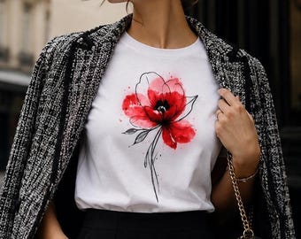 Botanical T-Shirt,  Red Poppy Watercolor Floral Line Art, Nature T-Shirt, Pressed Flowers