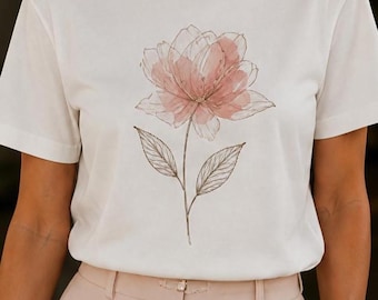 Camiseta minimalista con estampado botánico lineal, top informal con estampado floral abstracto.