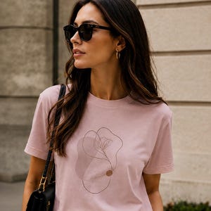 May include: A light pink short-sleeved t-shirt featuring a central graphic design composed of thin brown lines forming an abstract floral shape, a solid brown circle, and a translucent light brown organic blob shape on the chest area.