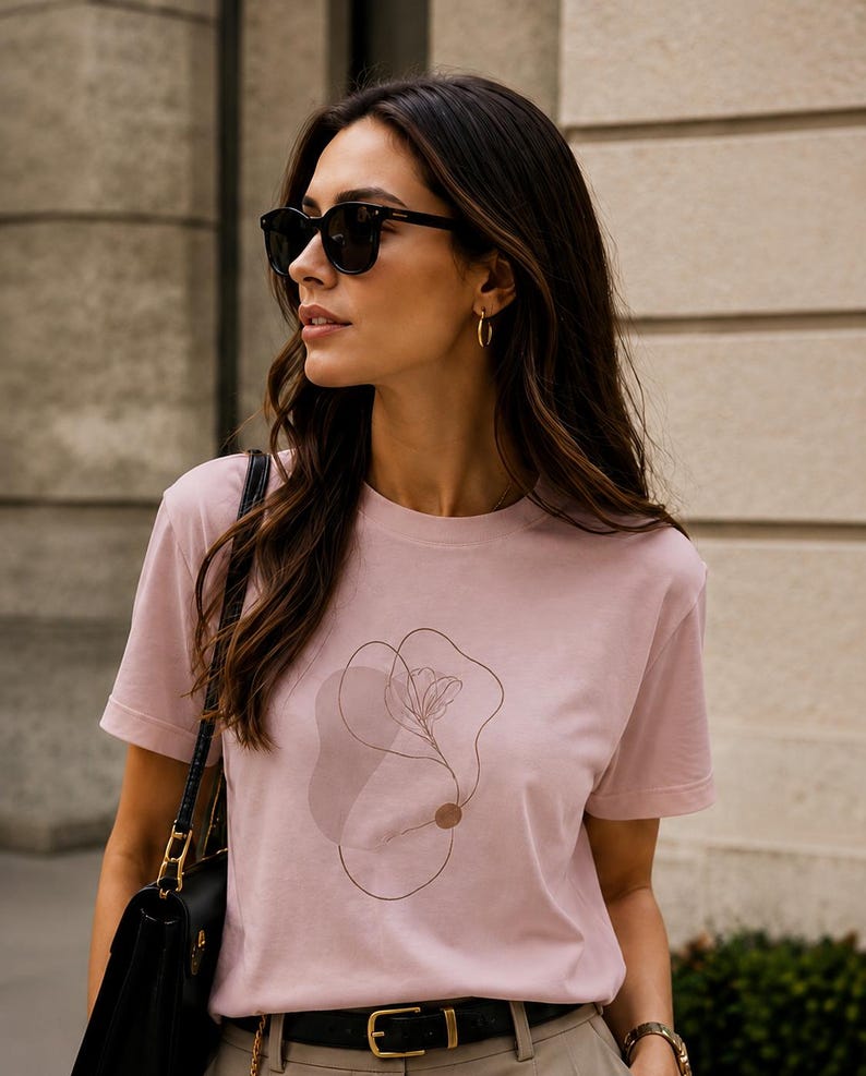 May include: A light pink short-sleeved t-shirt featuring a central graphic design composed of thin brown lines forming an abstract floral shape, a solid brown circle, and a translucent light brown organic blob shape on the chest area.