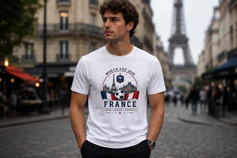 May include: A white short-sleeved t-shirt featuring a graphic print that includes the text World Cup 2026, France, and Pride Passion Football. The design displays a soccer ball, the Eiffel Tower, and a French flag motif in red, white, and blue.