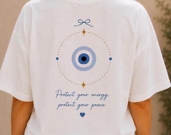 Camiseta Comfort Colors con el Ojo Turco, Camiseta minimalista con gráfico Nazar, Protege la energía de la paz
