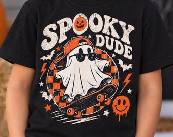 Boys Halloween T-Shirt, Spooky Dude Ghost Skateboard Tee, Retro Kids Halloween Shirt