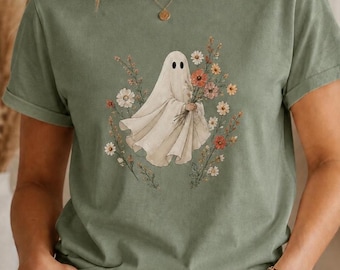 Comfort Colors®, Halloween Ghost T-Shirt, Spooky Season Shirt, Floral Ghost Nature Lover Tee