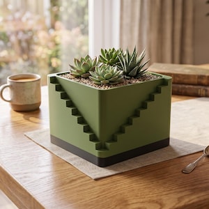 May include: A square olive green planter featuring a decorative staircase design on its exterior sides. The planter is filled with small green succulents and light-coloured gravel, and it sits on a dark grey base, creating a unique geometric look.