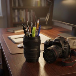 May include: A black Canon EOS 5D Mark IV camera with a lens and strap rests on a wooden desk. A collection of pens and pencils sits in a black lens-shaped holder. A desk lamp and a cup of coffee are also visible.
