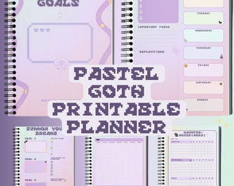 May include: A pastel goth printable planner with a spiral binding. The planner features weekly and daily layouts, with sections for goals, tasks, and reflections. The cover has the text "Ghostly Goals".