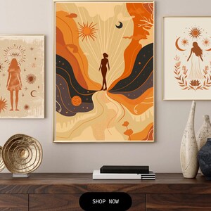 Göttlich feminine Wand Kunst Set von 3, Boho spirituelle Frau Silhouette Prints, Sonne und Mond druckbare Poster, minimalistischer digitaler Download