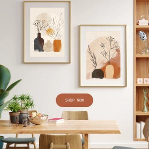 Juego de 3 piezas de arte mural botánico bohemio, impresiones abstractas minimalistas con jarrones y plantas, decoración moderna para el hogar en tonos tierra, descarga digital