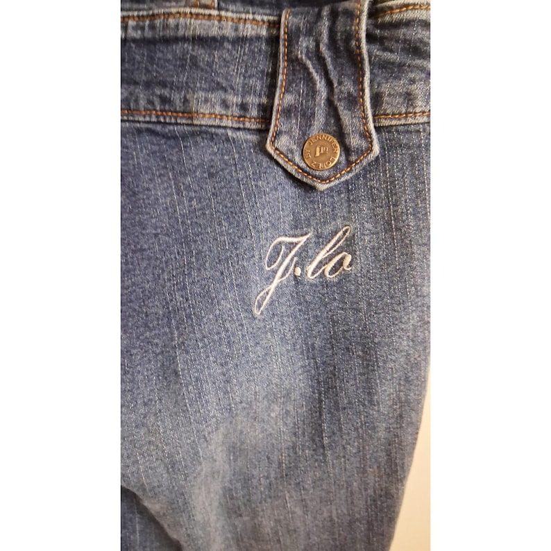 Y2K JLO by Jennifer Lopez Strapless Denim Jumpsuit Faux Fur Collar Retro 2000s image 7