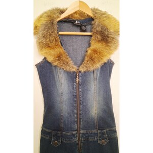 Y2K JLO by Jennifer Lopez Strapless Denim Jumpsuit Faux Fur Collar Retro 2000s image 3