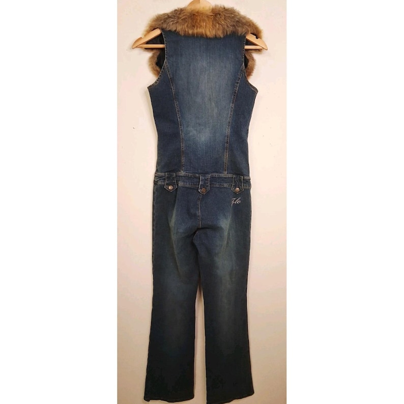 Y2K JLO by Jennifer Lopez Strapless Denim Jumpsuit Faux Fur Collar Retro 2000s image 2