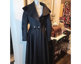 Vintage Lilli Ann Princess Coat Black Mohair Fit Flare Opera Swing 1950s 60s