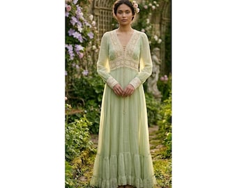 Vintage 70s GUNNE SAX Long Maxi Prairie Dress Cottagecore Fairy Sage Green S