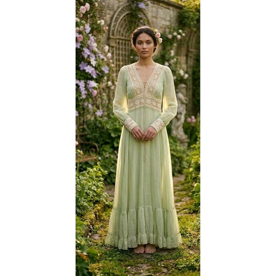 gunne sax green dress Vintage 70s GUNNE SAX Long Maxi Prairie Dress Cottagecore Fairy Sage Green S