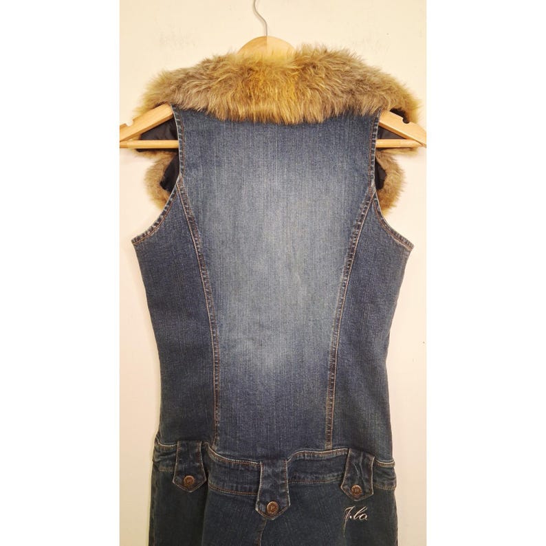 Y2K JLO by Jennifer Lopez Strapless Denim Jumpsuit Faux Fur Collar Retro 2000s image 6