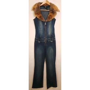 Y2K JLO by Jennifer Lopez Strapless Denim Jumpsuit Faux Fur Collar Retro 2000s image 1