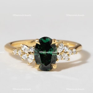 Oval Cut Moissanite Ring Green Moissanite Ring 2.50 Ctw Cluster Oval Moissanite Engagement Ring 14k Yellow Gold Diamond Ring For Women