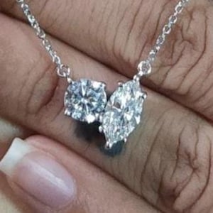 2.00 Ctw Round & Marquise Cut Moissanite Necklace Two Stone Moissanite Necklace Toi Et Moi Moissnaite Necklace White Gold Diamond Necklace