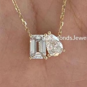 Emerald & Pear Moissanite Necklace Toi Et Moi Diamond Necklace 2.00 Ctw Two Stone Moissanite Necklace Gift For Women Yellow Necklace