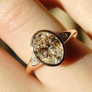 Bezel Set Diamond Ring 2.20 Ctw Three Stone Moissanite Ring Oval Cut Moissanite Ring Yellow Gold Bridle Wedding Ring Anniversary Gift Ring