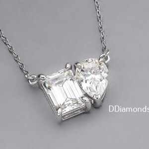 2.50 Ct Two Stone White Moissanite Necklace Toi Et Moi White Gold Diamond Necklace Emerald & Pear Cut Moissanite Necklace Surprise Gift