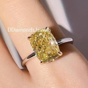 Cushion Cut Moissanite Ring Solitaire Engagement Ring 2.50 Ct Yellow Moissanite Cushion Ring Cushion White Gold Diamond Yellow Ring Gift