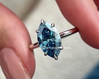 2.0 CTW Blue Moissanite Ring, Marquise Cut, White Gold Engagement Ring