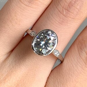 Three Stone Moissanite Oval Ring 3.00 Ctw Oval Cut Moissanite Ring Bezel Set Grey Moissanite Ring White Gold Diamond Ring Anniversary Gift