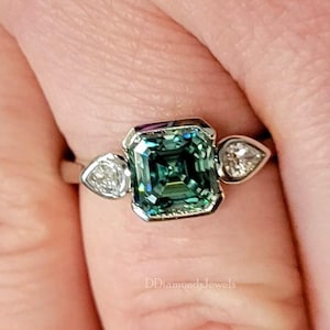 Three Stone Moissanite Ring Bezel Set Diamond Ring 2.20 Ctw Asscher Cut Moissanite Ring Green moissanite Ring Engagement Ring Wedding Ring