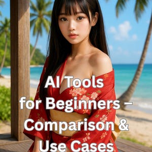 Könnte beinhalten: Eine Frau in einem roten Blumenkimono mit dem Text "AI Tools for Beginners - Comparison & Use Cases". Im Hintergrund ein tropischer Strand mit Palmen und blauem Meer.